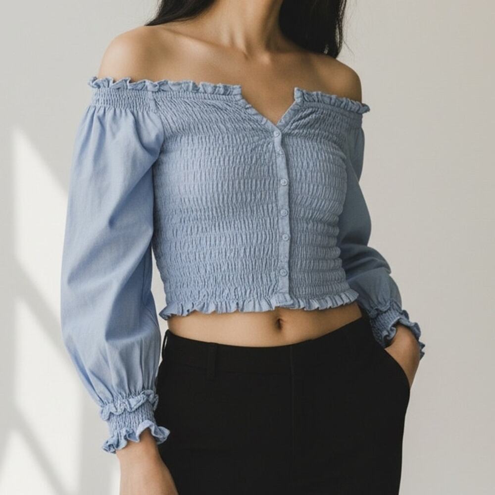 ZARA Smocked Off The Shoulder Crop V Neck Top Ruffle Puff Long Sleeves S Blue